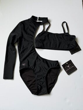 Black Kandi Kouture Long-Sleeve Dance Leotard & Crop Top Set YL NWT